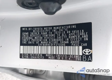 2015 Toyota Corolla L/Le/Le Plus/Le Premium/S/S Plus/S Premium из США, поврежденный, VIN 5YFBURHE0FP315686